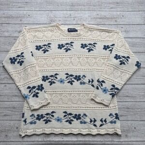 Vintage Weekend Edition Sweater Women's M White Floral Pointelle Knit Pullover